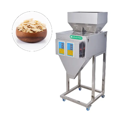 دستگاه پرکن پودر و گرانول 10 الی 1000 گرم دو توزین – دارای پدال، ویبره، کنترل دریچه و کاپ تخلیه استیل مدل FP21